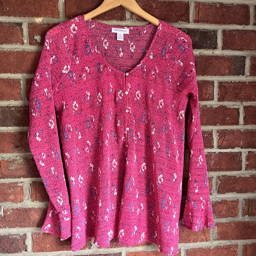 Motherhood Maternity sheer floral pink and blue long sleeve shirt